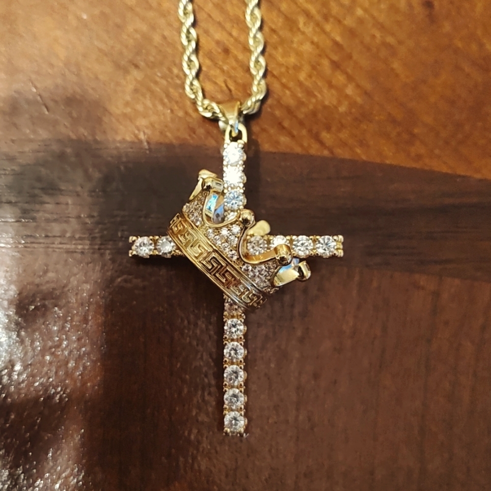 Gold necklace with cross and crown pendant. Beautiful religious piece. Nwot's